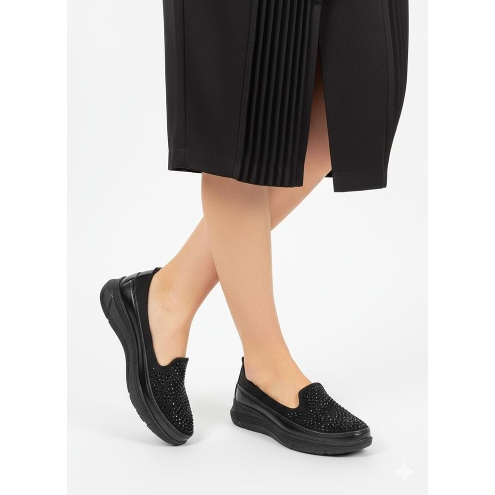 Kadın Günlük Taşlı Streçli Ortapedik Ayakkabı 1322 - Siyah - 41 - BTMK01322-Siyah-41