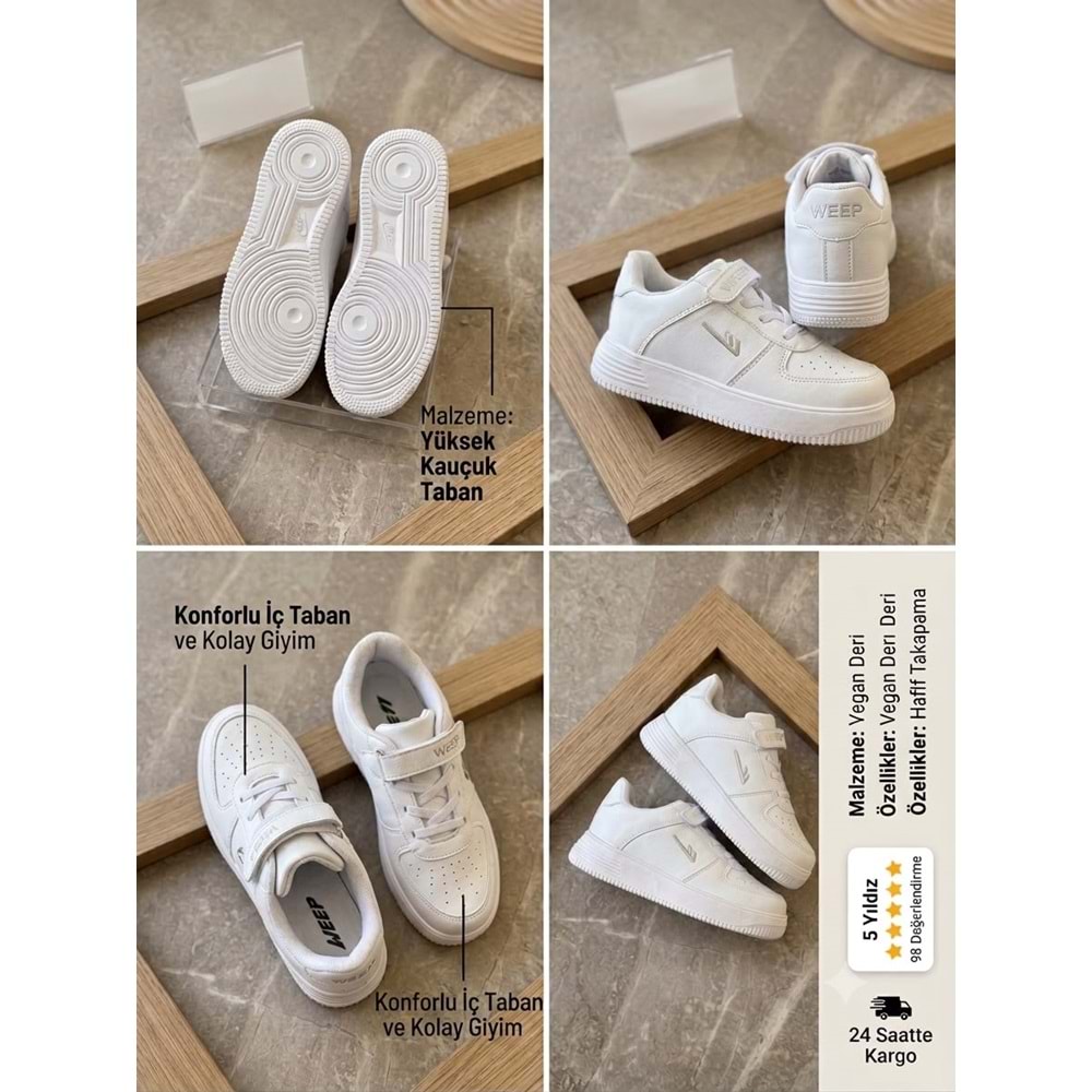 Pabuçhan Unisex Çocuk Cırt Cırtlı Günlük Spor Ayakkabı - Beyaz - 30 - BTMK01330-Beyaz-30